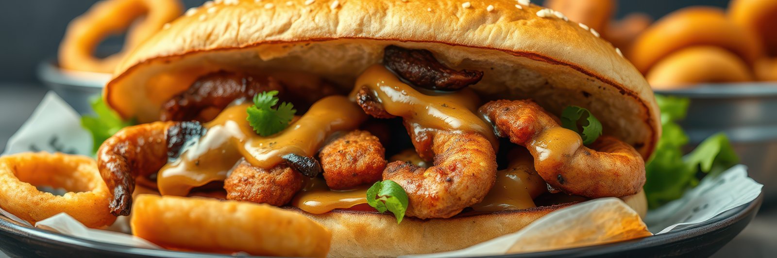 Delicious shrimp sandwich topped with creamy sauce, served with onion rings and fresh herbs